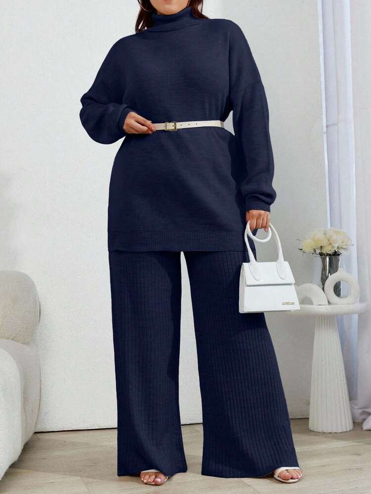 EURMUSE 2pcs High Neck Drop Shoulder Sweater And Ribbed Solid Color Sweater Pants - Navy Blue - View 6