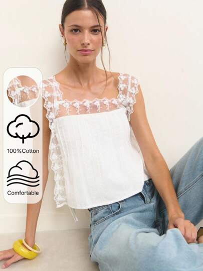 Nöista Romantic Lace Top With Floral Mesh Ruffle Sleeves. Lightweight Cotton Blend Perfect For Summer Looks, São João Festival, Or Casual 4th Of July Outfits. A Flattering Choice For Cute Summer Tops.