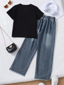 SHEIN Genkimix Kids 2 Stücke/Set Tween-Mädchen Outfit mit Schleife, 3D dekoratives Kurzarm T-Shirt und lange Jeans Hose, Lässig-Look - Schwarz - Übersicht 2