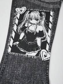 少女休闲卡通动漫女孩印花短袖上衣和裤子两件套 - 灰色 - 查看 6