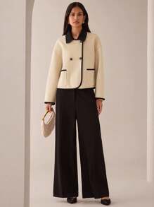 Lilora Women's Casual Contrast Color Lapel Drop Shoulder Long Sleeve Woolen Coat In Fall/Winter - Beige - View 9