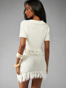 MISSGUIDED Summer Resort Fringe Hem Co Ord Set V Neck Crop Top Mini Skirt Festival Beach Vacation Holiday Two Piece Outfit Party Casual Knitwear