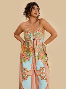Travachic Plus Size Women Pink Floral Painting Print Sleeveless Jumpsuit,Front Bowknot Boho Summer Vacation Holiday Resort Beach Tropical Outfits With Pockets - Multicolor - View 5