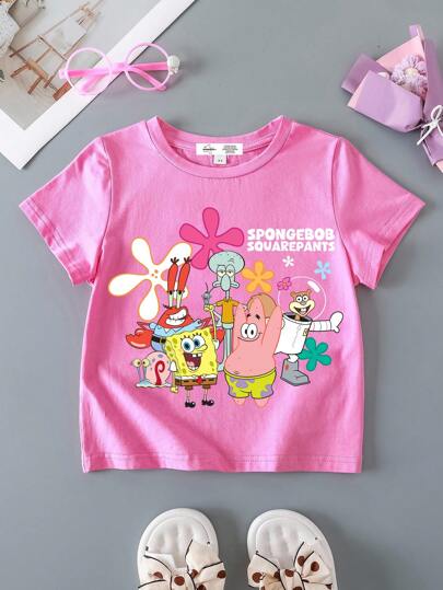 SpongeBob SquarePants | SHEIN Young Girl Cute Cartoon Print Short Sleeve T-Shirt, Summer Casual