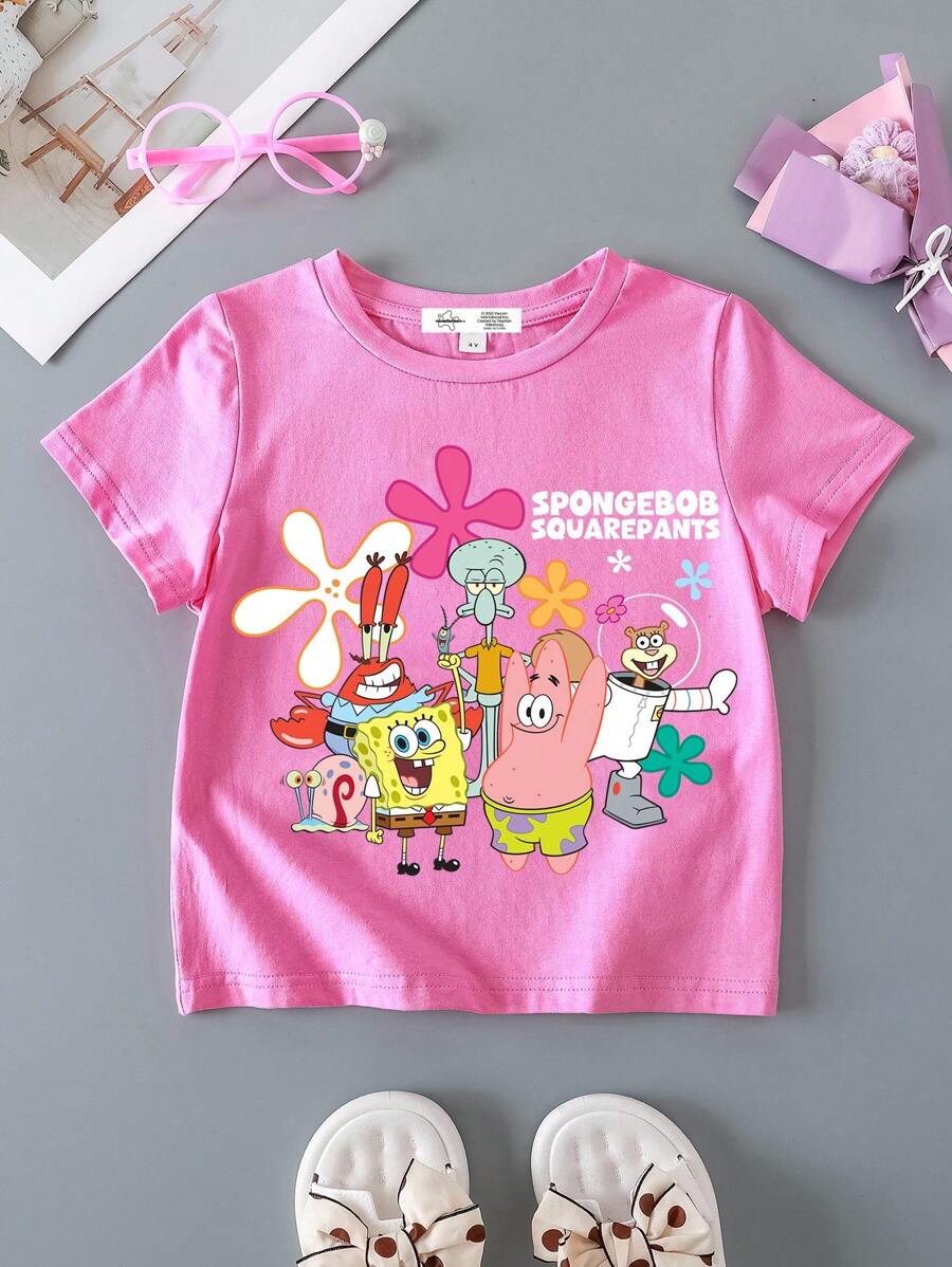 SpongeBob SquarePants | SHEIN Young Girl Cute Cartoon Print Short Sleeve T-Shirt, Summer Casual - Pink - View 1