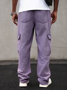 Manfinity EMRG Celana Jeans Denim Longgar Ungu Pria Gaya Streetwear Cargo dengan Finishing Washed. Panjang dan Nyaman untuk Tampilan Kasual Avant-Garde. - Purple - View 2