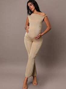 MaterniChic 孕妇纯色不对称领口无袖上衣和长裤两件套优雅套装 - 綠色 - 查看 3