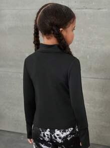 SHEIN Tricou sport cu mânecă lungă, tricotat, culoare solidă, pentru fete tinere, stil sport, cu fermoar, stil casual, elastic, cu fermoar frontal, decolteu înalt și mâneci lungi, croială strâmtă, pentru purtare zilnică. Excelent pentru ținute casual și zilnice și pentru școală, jachete școlare, toamnă.