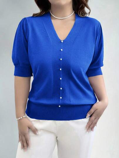 EMERY ROSE 大码女式纯色纽扣设计短泡泡袖套头毛衣针织衫秋冬款