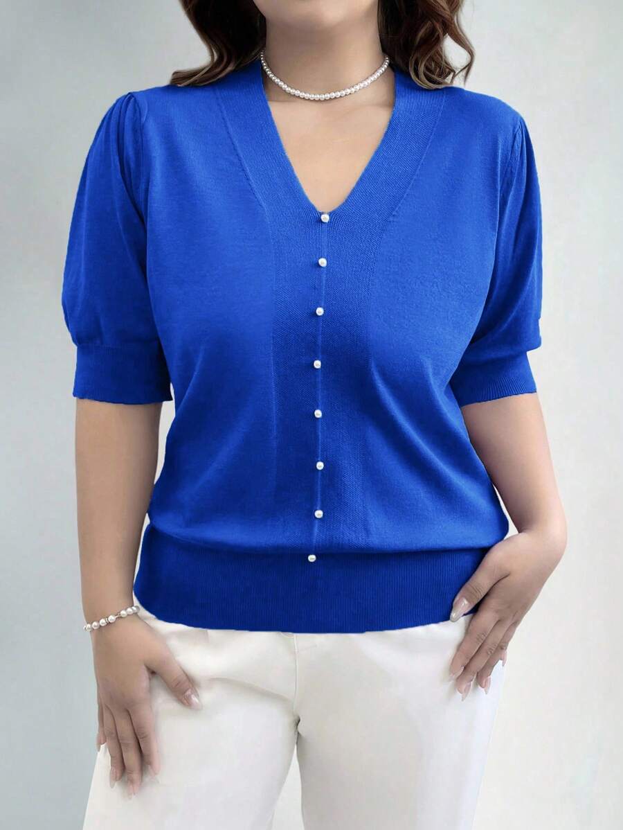 EMERY ROSE 大码女式纯色纽扣设计短泡泡袖套头毛衣针织衫秋冬款 - 藍色 - 查看 1