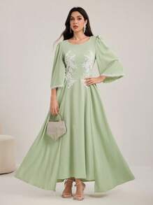 Modelyn Elegant Crew Neck Lace Applique Big Cuffs Asymmetrical Hem Waisted Women Dress, Spring/Summer - Green - View 6