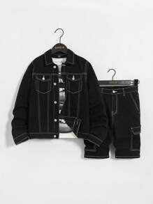 SHEIN 男童两件套时尚休闲复古Y2K清新舒适宽松黑色牛仔翻领长袖外套和一套舒适透气弹力紧身牛仔短裤，适合儿童日常穿着，也适合春夏派对、节日和海滩穿着。 - 黑色 - 查看 1