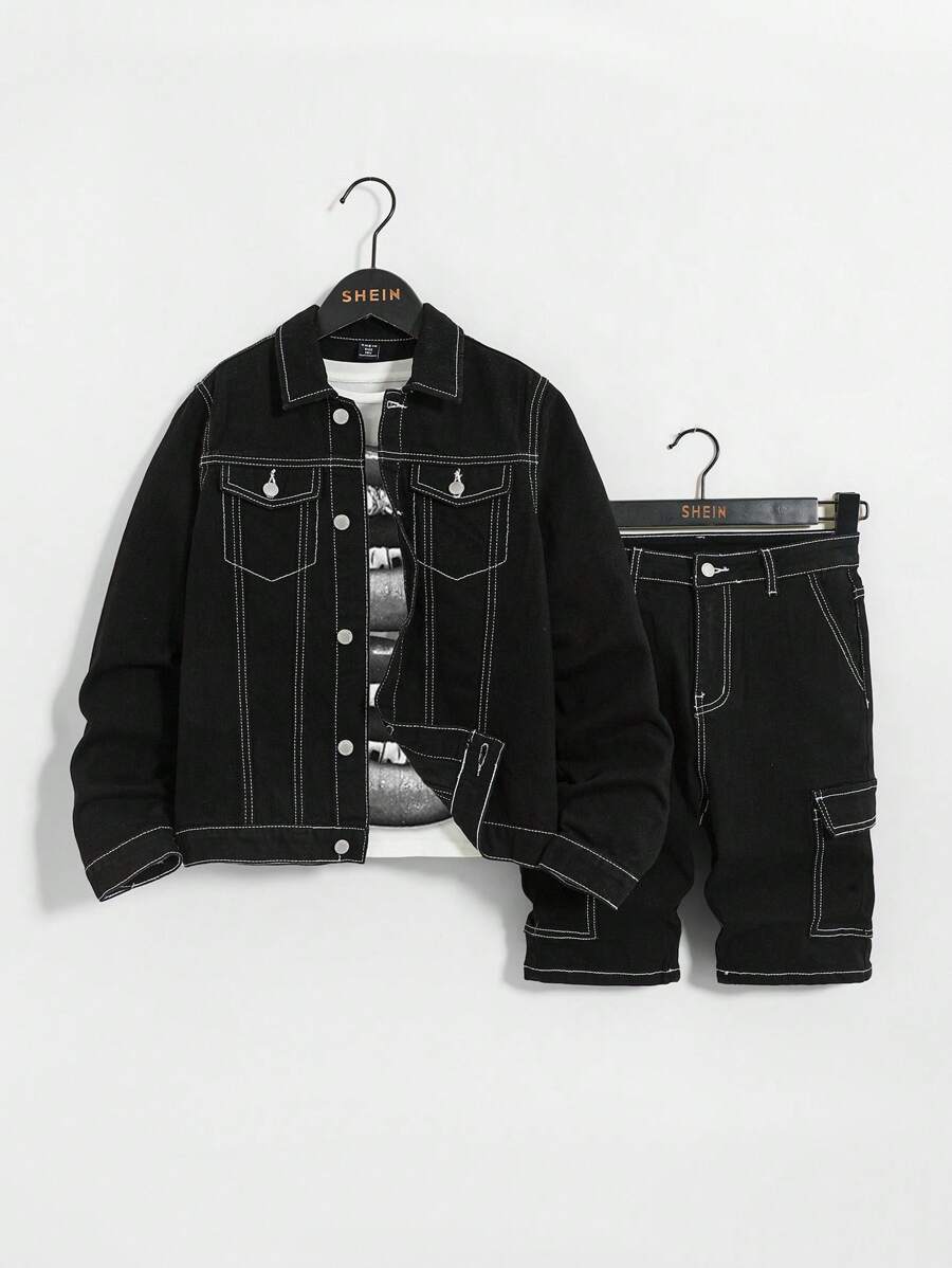 SHEIN 男童两件套时尚休闲复古Y2K清新舒适宽松黑色牛仔翻领长袖外套和一套舒适透气弹力紧身牛仔短裤,适合儿童日常穿着,也适合春夏派对、节日和海滩穿着。 - 黑色 - 查看 1