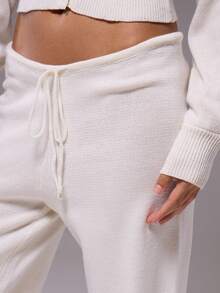 MUSERA Spodnie z niskim stanem, ściągaczem w pasie i szerokimi nogawkami, dzianinowe, codzienne, jesień, zima, na co dzień, do pracy, eleganckie, na wiosnę - Biały - Zobacz 5