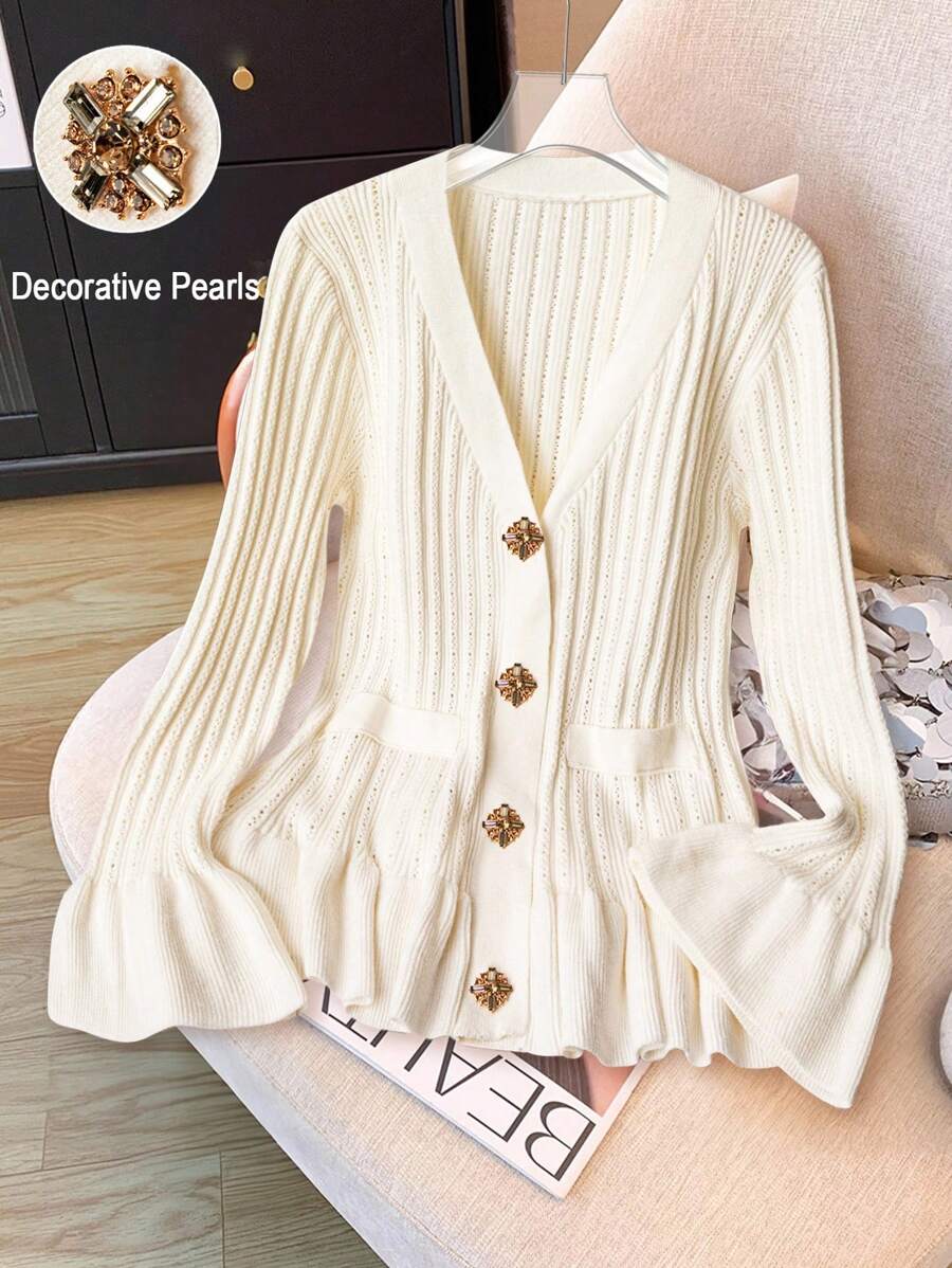 GlowEve CURVE Cárdigan de punto holgado de manga acampanada para mujer de talla grande, ideal para citas románticas - Blanco - Ver 1