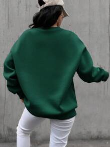 Cottnline Cotton Letter Embroidery Drop Shoulder Thermal Lined Sweatshirt - Dark Green - View 2
