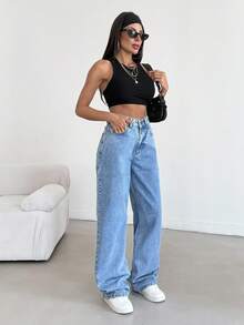 EURMUSE Blugi casual drepți cu talie înaltă pentru femei - Spălare ușoară - Vizualizare 4