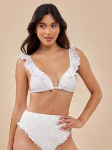 WESTFADE Top de bikini triangular con escote en V, mangas acampanadas, volantes con calados, lazo en la espalda, diseño floral para vacaciones de verano y el 4 de julio en la playa - Blanco - Ver 5