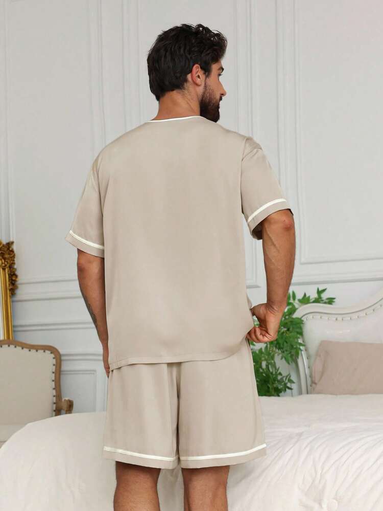 Men's Satin Fabric Letter Embroidered Half Open Collar T-Shirt Set With Casual Shorts, Summer Loungewear Pajama