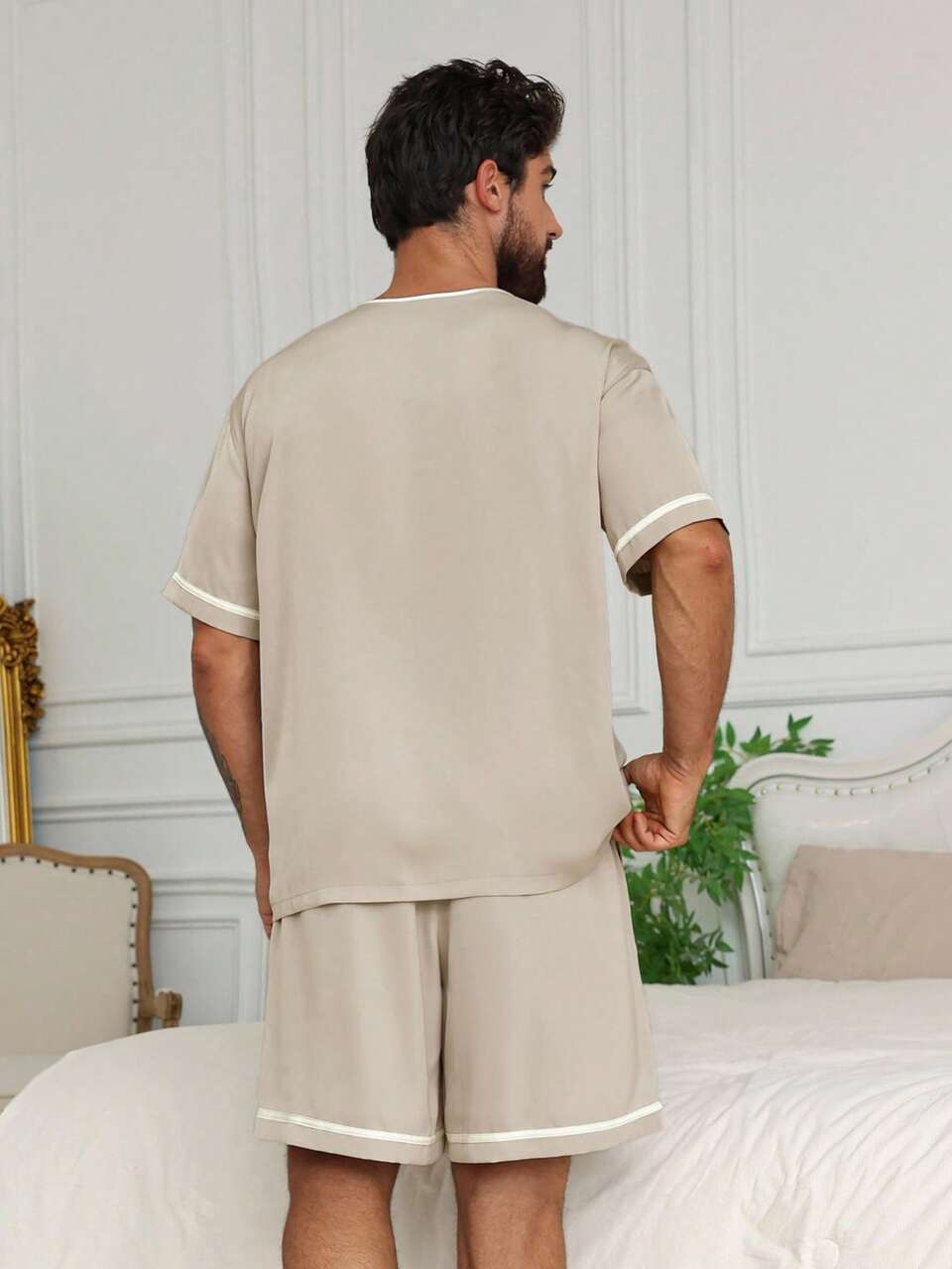 Men's Satin Fabric Letter Embroidered Half Open Collar T-Shirt Set With Casual Shorts, Summer Loungewear Pajama