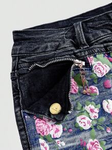 ROMWE Kawaii Y2K Autumn/Winter Harajuku Baddie Asymmetrical Waistband Contrast Color Patchwork Vintage Print Bodycon Stretchy Low Waist Mini Denim Skirt For Women - Multicolor - View 4
