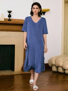 Moireta Camisón informal de verano de unicolor para mujer con adorno de encaje y abertura lateral