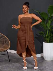 Slaydiva New Spring And Summer Casual Vacation Tube Top With Overlapping Pleat Design In The Front And Center, Curved Hem, Short Front And Long Back, Yellow Vertical Pattern Texture Women's Plus Long Dress,Homecoming Dress - Brown - View 6