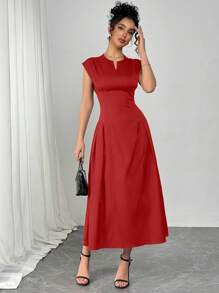 Modelyn 女士简约优雅修身 V 领长款纯色连衣裙，适合通勤和日常穿着