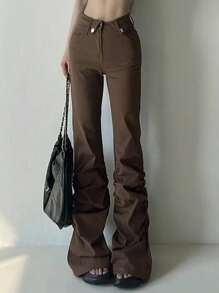 DAZY Pantalones casuales de mujer de unicolor con bolsillos y vuelo plisado - Marrón - Ver 5