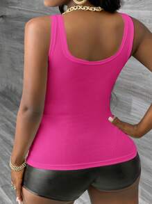 SHEIN CURVE+ Áo ba lỗ dệt kim không tay cổ chữ V khoét sâu đa năng cho nữ cỡ lớn, màu trắng - Màu Hồng Tươi - Xem 2