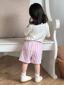 SHEIN 2 件婴幼儿女童春夏休闲日常可爱腊肠狗印花圆领 T 恤 + 粉色条纹短裤套装，适合 0-3 岁 - 粉色 - 查看 2