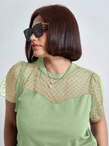 Chikora 大码音乐节女式宽松圆领网眼撞色荷叶边短袖上衣，适合夏季、办公室穿着 - 薄荷綠 - 查看 4