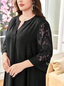 Lacomfia 大码女式圆领七分袖镂空蕾丝拼接双色毛绒质感宽松休闲舒适优雅高端阿拉伯连衣裙 - 黑色 - 查看 6