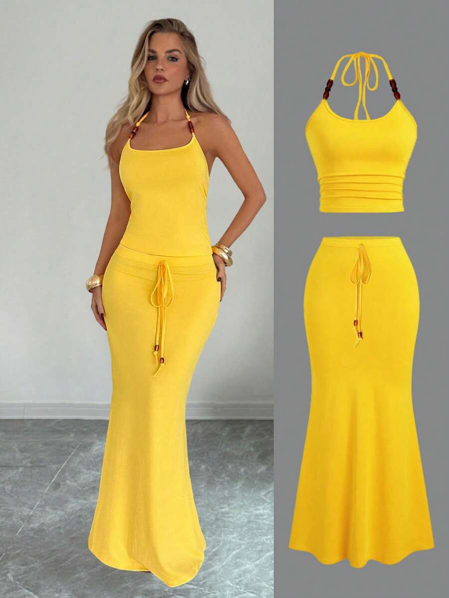 Roylia 2pcs/Set Vacation Style Beaded Spaghetti Strap Camisole & High Waist Bodycon Skirt For Women, Versatile - Yellow - View 1