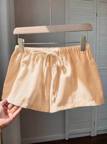 SHEIN EZwear 女士条纹棉麻休闲短裤，夏季 - 黃色 - 查看 8