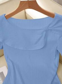 SHEIN Clasi T-shirt décontracté pour femme, couleur unie, col asymétrique, été - Bleu azur - Voir 3