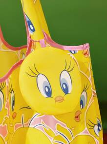 LOONEY TUNES X SHEIN 1 件卡通图案印花涤纶可折叠购物袋、沙滩包、手提袋，带可拆卸链条袋、时尚、崔弟 - 黃色 - 查看 6