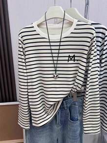 SHEIN Women's Letter Print Striped Casual Crew Neck Long Sleeve T-Shirt