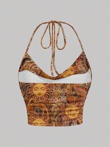 SHEIN MOD Casual Minimalist Tie Neck Loose Fit Top, Gold Sun Paisley Pattern, Bohemian, Boho Chic, Versatile, Retro, Fall Wear Suitable For Going Out Halter Top Women Summer Tops Hippie Top Bandana Top Paisley Print Top - Multicolor - View 2