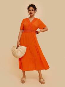 SHEIN VCAY Plus Guipure Lace Insert Dress - Orange - View 3