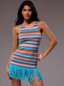MUSERA 流苏下摆条纹圆领无袖迷你连衣裙，夏季伊比沙岛度假可爱节日海滩装，波西米亚风，适合约会、外出、生日等场合。 - 藍色 - 查看 1