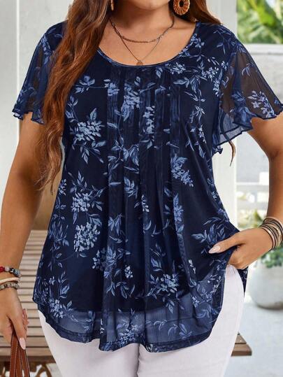 EMERY ROSE Plus Size Women Summer Short Sleeve Floral Print Tunic Blouse, Summer Holiday,Vacation,Simple And Fashionable For Everyday Wear