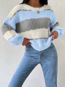 Chiquease 秋冬休闲拼色条纹灯笼袖针织毛衣针织套头衫秋季 - 彩色 - 查看 6