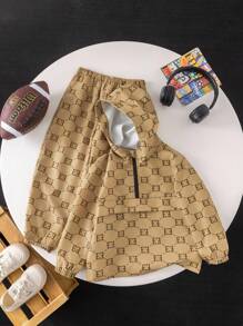 2件套年轻男童休闲舒适百搭印花连帽夹克和抽绳裤套装 - 棕色 - 查看 6