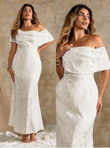 Flirla Đầm maxi đuôi cá trang trọng dáng dài họa tiết satin dệt jacquard bất đối xứng vai bèo nhún viền eo ôm sát - Màu be - Xem 1