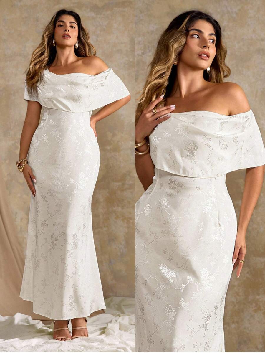 Flirla Đầm maxi đuôi cá trang trọng dáng dài họa tiết satin dệt jacquard bất đối xứng vai bèo nhún viền eo ôm sát - Màu be - Xem 1