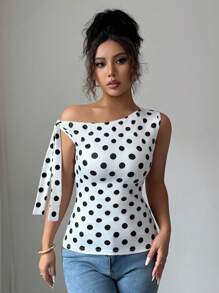 SHEIN LUNE 时尚不对称领口系带无袖波尔卡圆点印花修身 T 恤，时尚优雅设计，夏季 - 彩色 - 查看 4