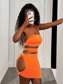 BamGleam Women Side Hollow Passionate Flame Orange Sexy Camisole Dress