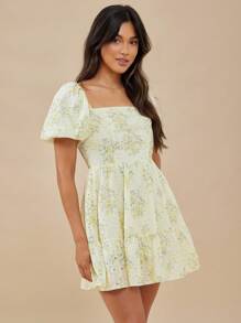WESTFADE Floral Print Square Neck Ruffle Hem Summer Short Sleeve Dress - Yellow - View 5