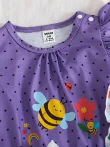 SHEIN Baby Girl 3 PiecesSummer Set: Playful Insect Printed Ruched Romper With Flutter Sleeves And Cuffs, Casual Everyday Outfit - Multicolor - View 5